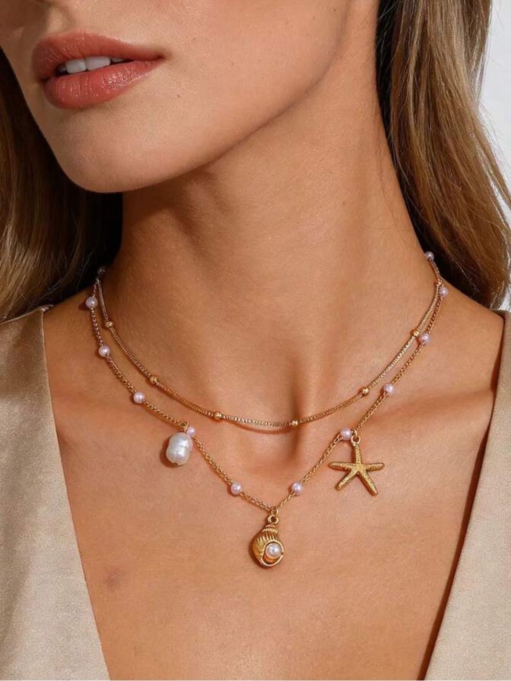 Layered Necklace with Pink Pearls & Ocean Charms R684